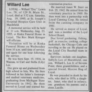 Obituary for Willard Lee